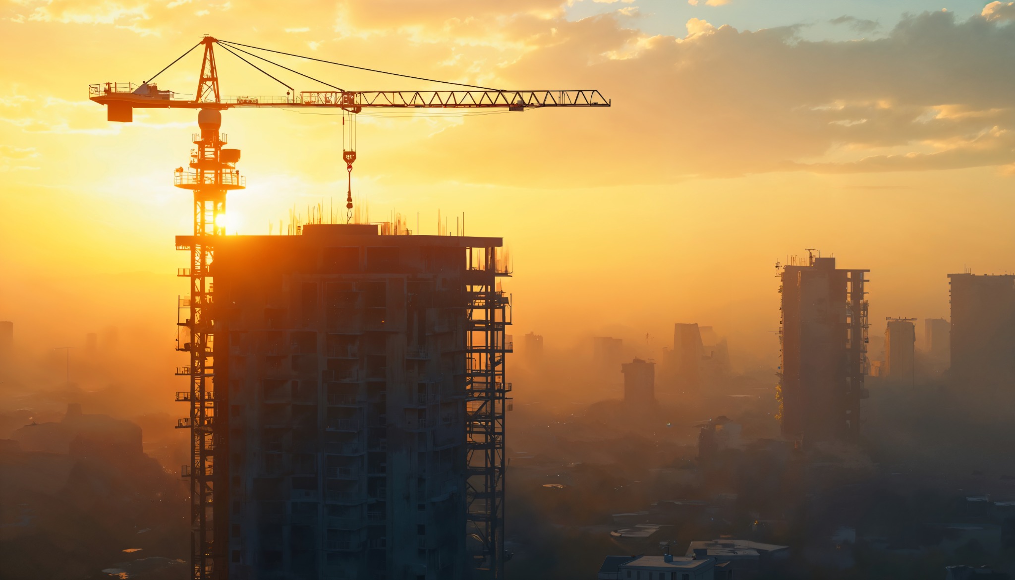 Tower crane and buildings under construction at sunset